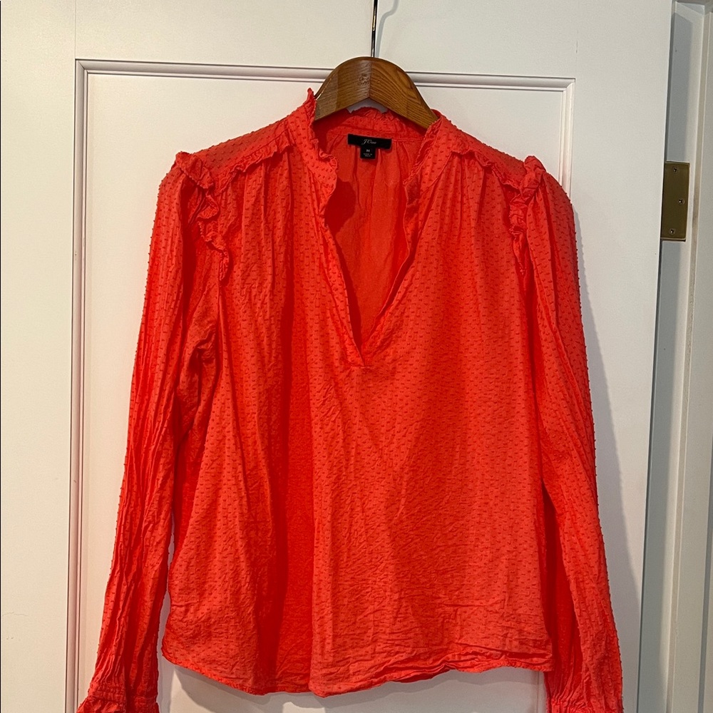 J Crew Swiss Dot Ruffle Trim Blouse Coral  Sz M